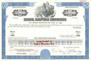 General Acceptance Corp. - $5,000 1968 dated Specimen Bond