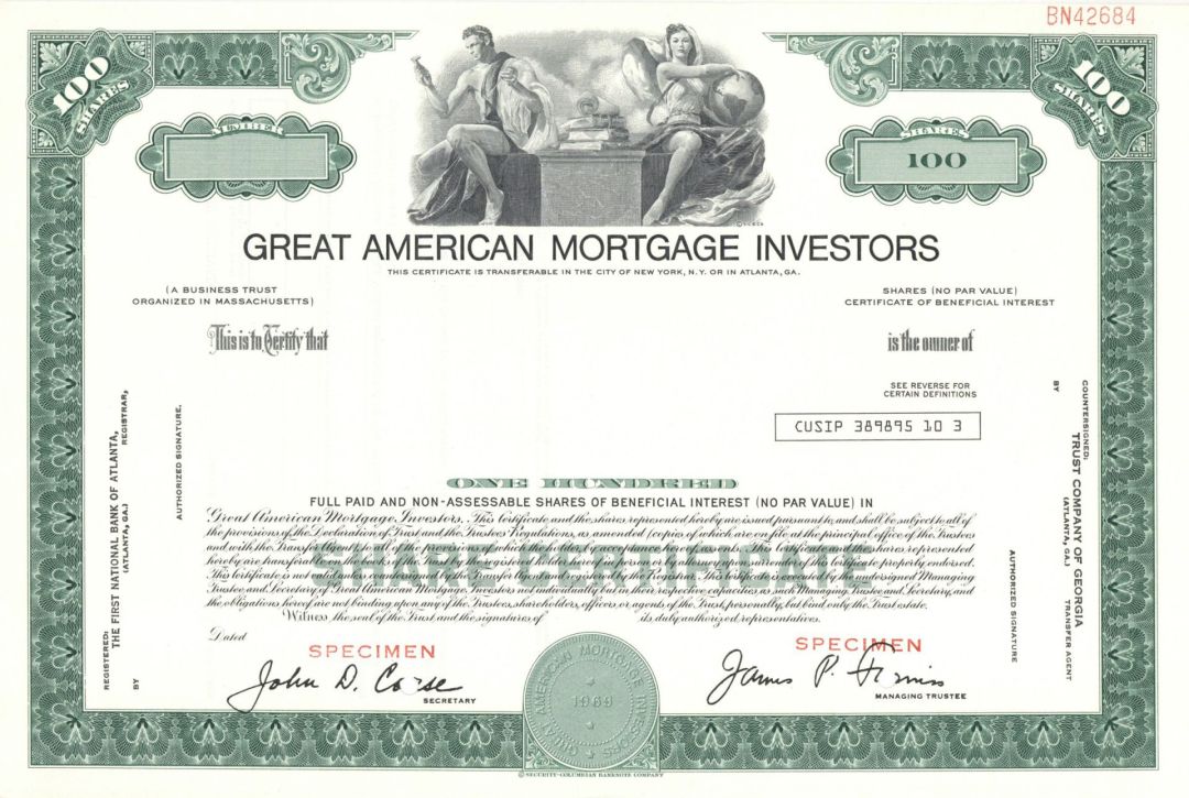 Great American Mortgage Investors -  1969 dated Specimen Stock Certificate