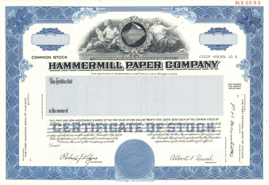 Hammermill Paper Co. -  1978 dated Specimen Stock Certificate