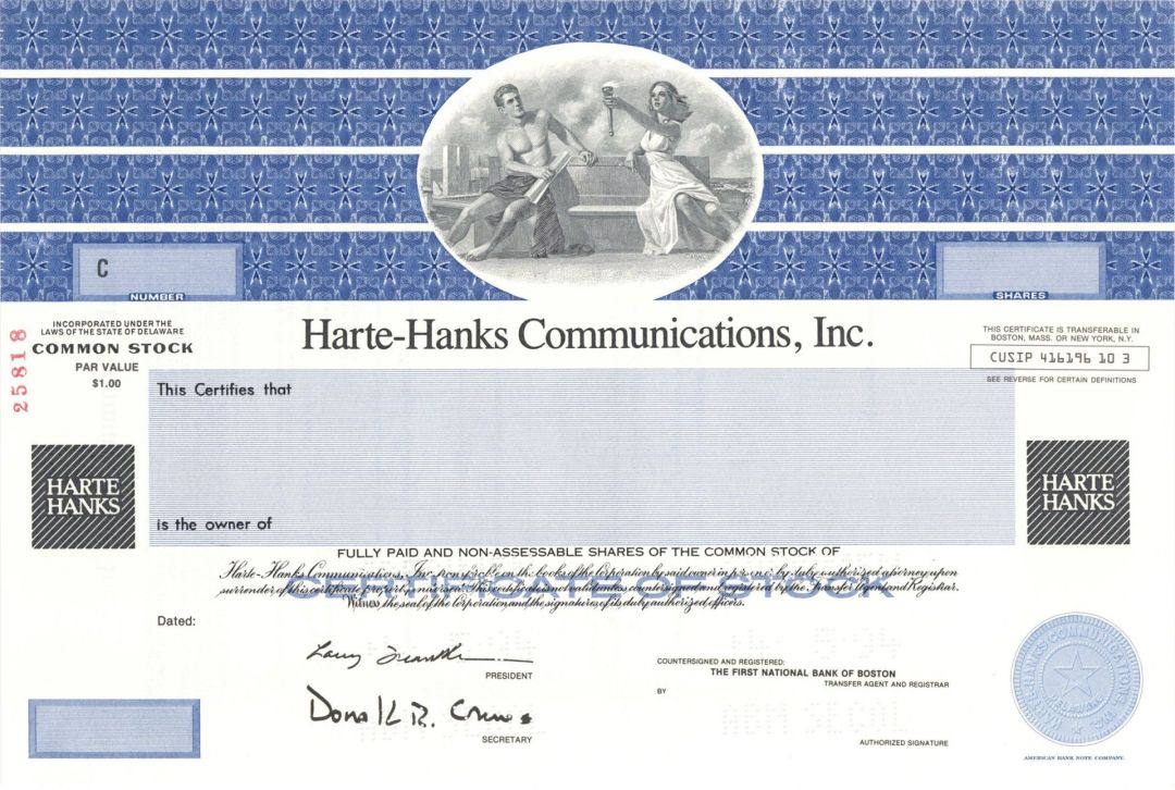 Harte-Hanks Communications, Inc. -  1994 dated Specimen Stock Certificate