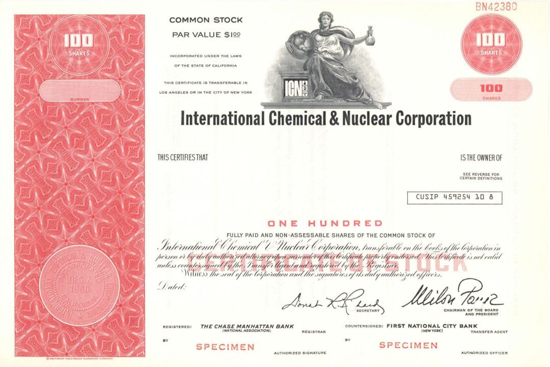 International Chemical and Nuclear Corp. -  1960 dated Specimen Stock Certificate
