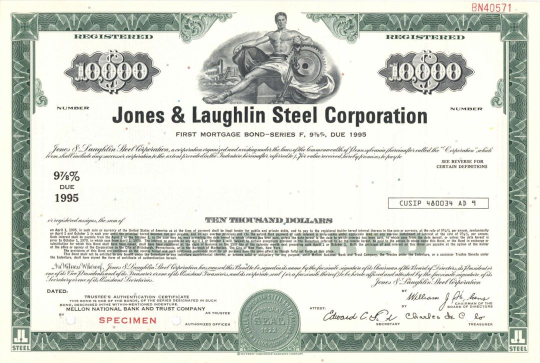 Jones and Laughlin Steel Corp. - $10,000 1922 dated Specimen Bond