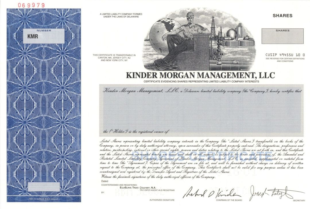 Kinder Morgan Management, LLC - 2001 dated Specimen Stock Certificate