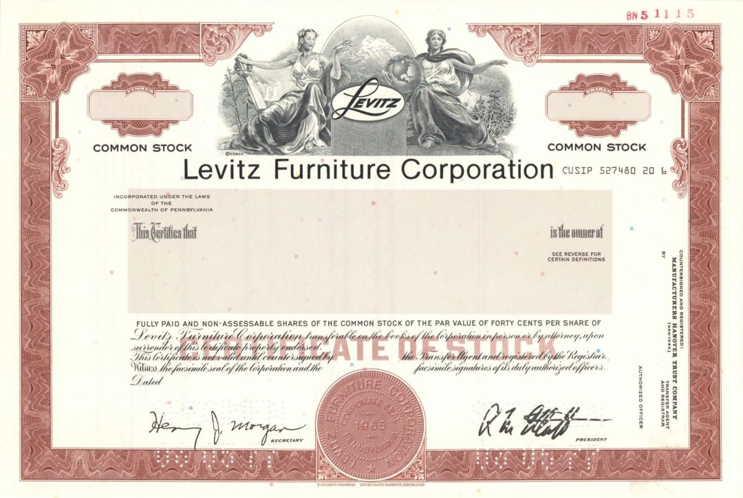 Levitz Furniture Corp. -  1977 dated Specimen Stock Certificate