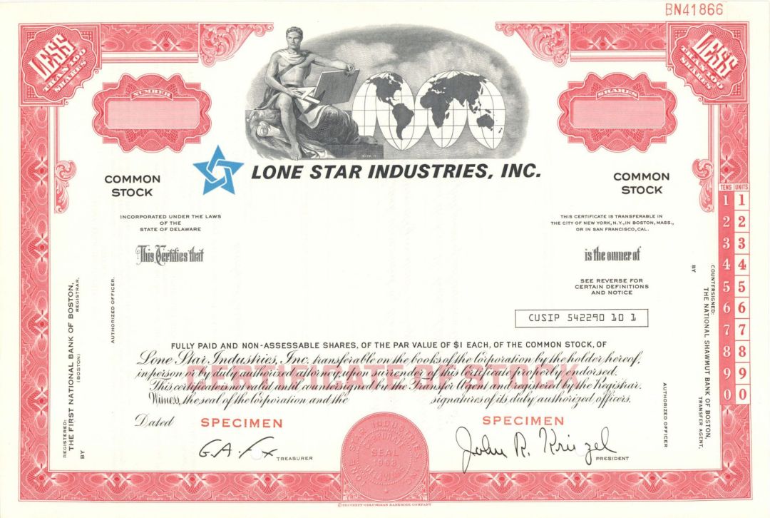 Lone Star Industries, Inc. - 1968 dated Specimen Stock Certificate
