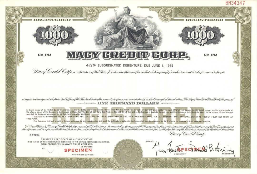 Macy Credit Corp. - $1,000 1961 dated Specimen Bond