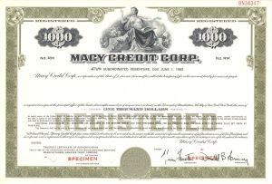 Macy Credit Corp. - $1,000 1961 dated Specimen Bond
