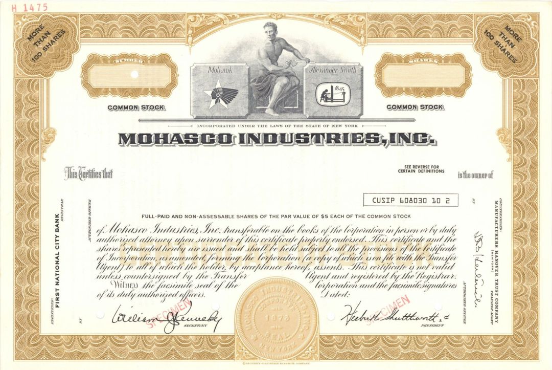 Mohasco Industries, Inc. - 1878 dated Specimen Stock Certificate