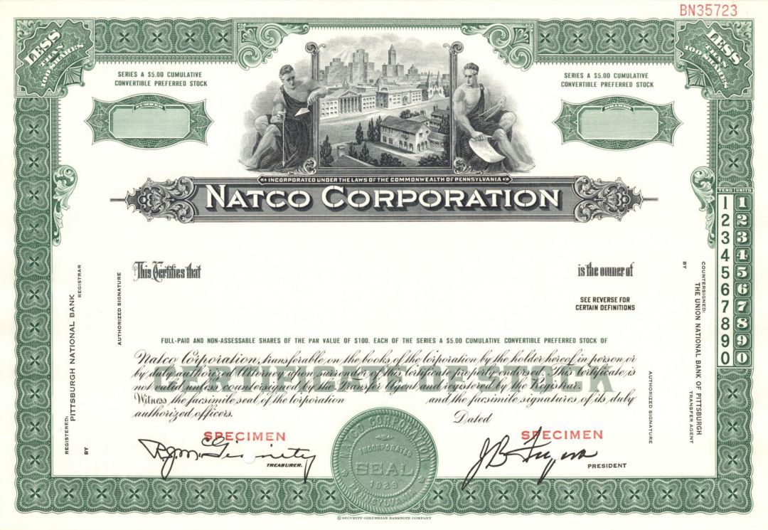 Natco Corp. - 1929 dated Specimen Stock Certificate