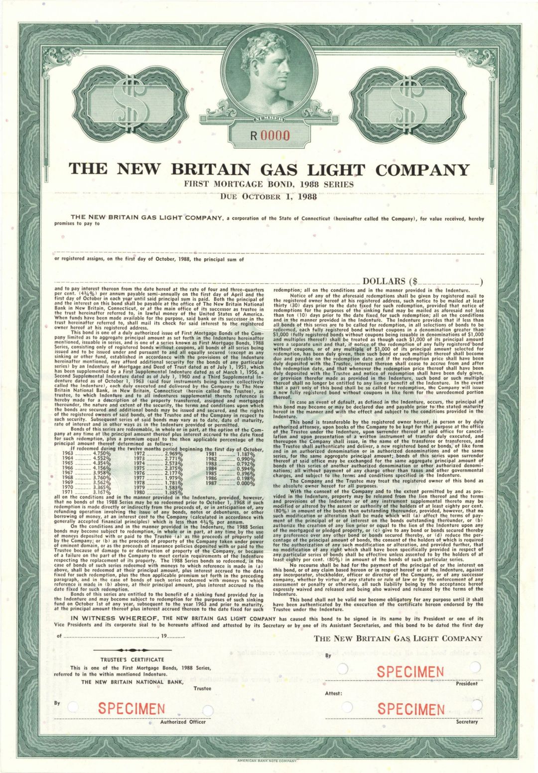 New Britain Gas Light Co. - 1988 dated Specimen Bond