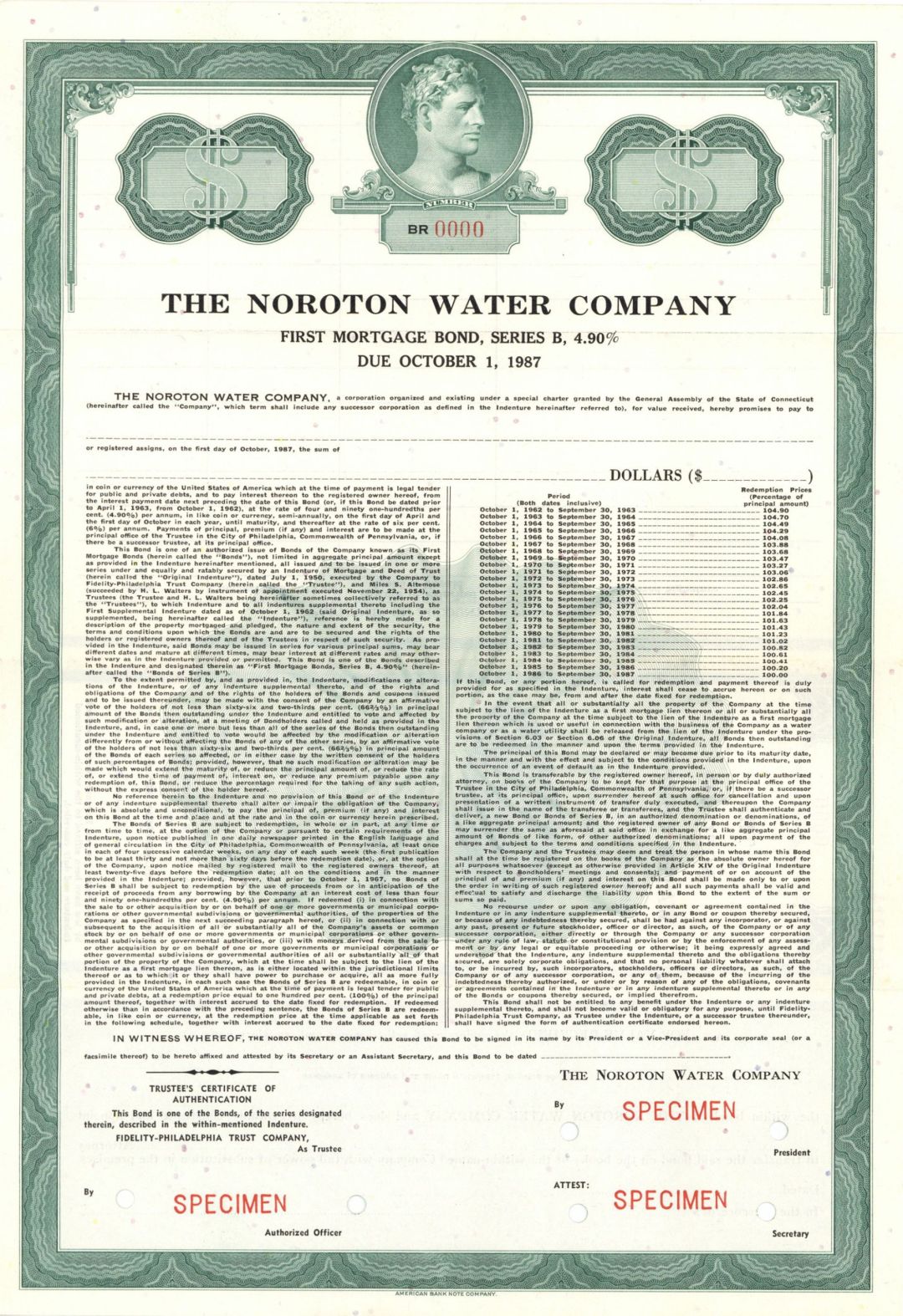 Noroton Water Co. - 1962 dated Specimen Bond