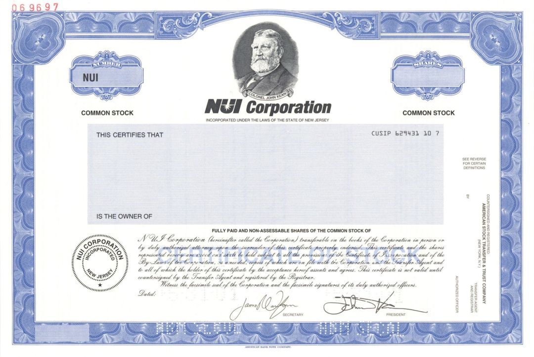 NUI Corporation - 2001 dated Specimen Stock Certificate