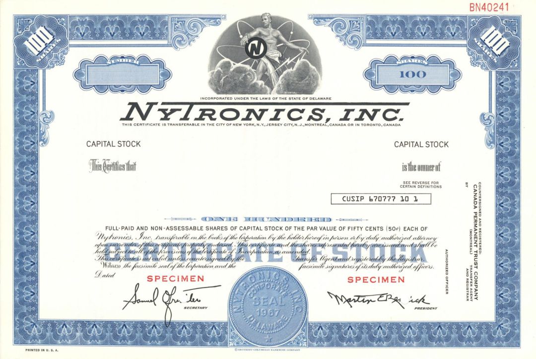 Nytronics, Inc. - 1967 dated Specimen Stock Certificate