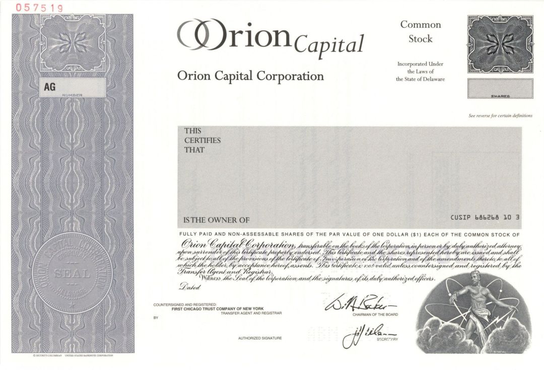Orion Capital Corp. - 1998 dated Specimen Stock Certificate