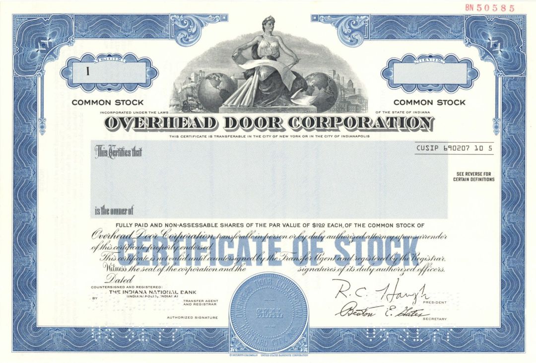 Overhead Door Corp. - 1977 dated Specimen Stock Certificate