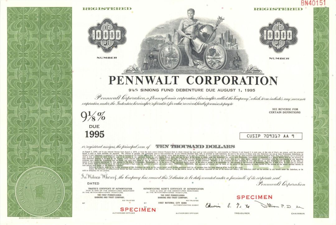 Pennwalt Corp. - $10,000 1850 dated Specimen Bond