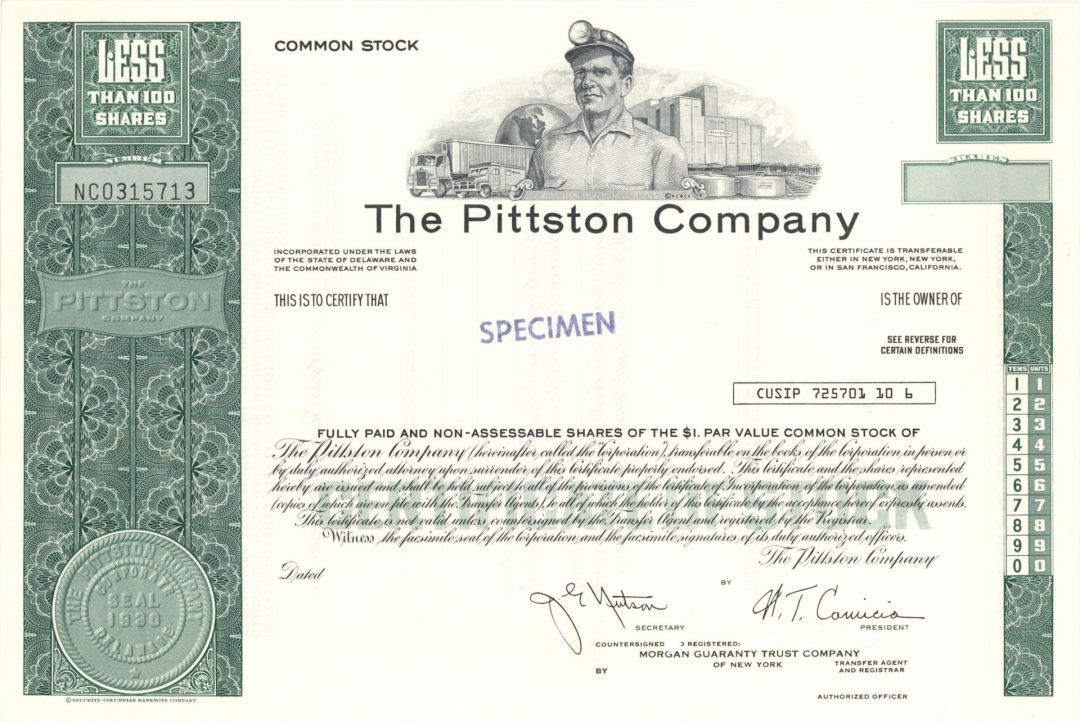 Pittston Co. - 1980 dated Specimen Stock Certificate