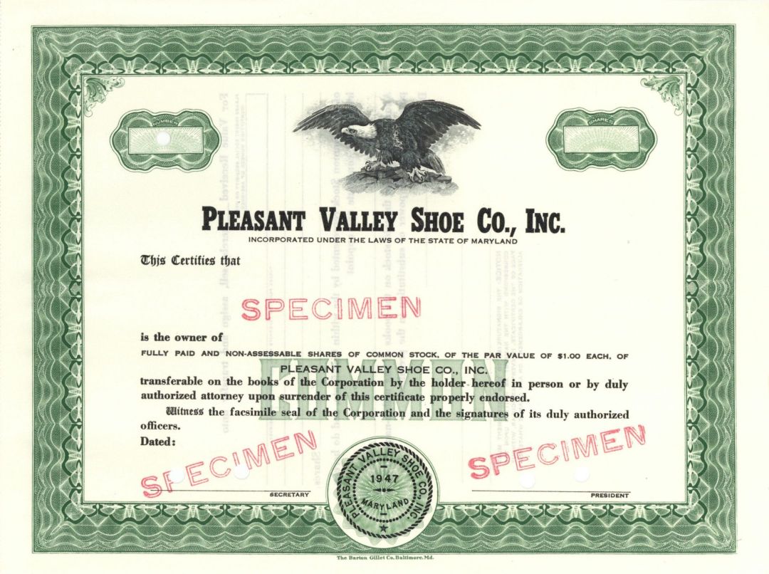 Pleasant Valley Shoe Co., Inc. - 1947 dated Specimen Stock Certificate