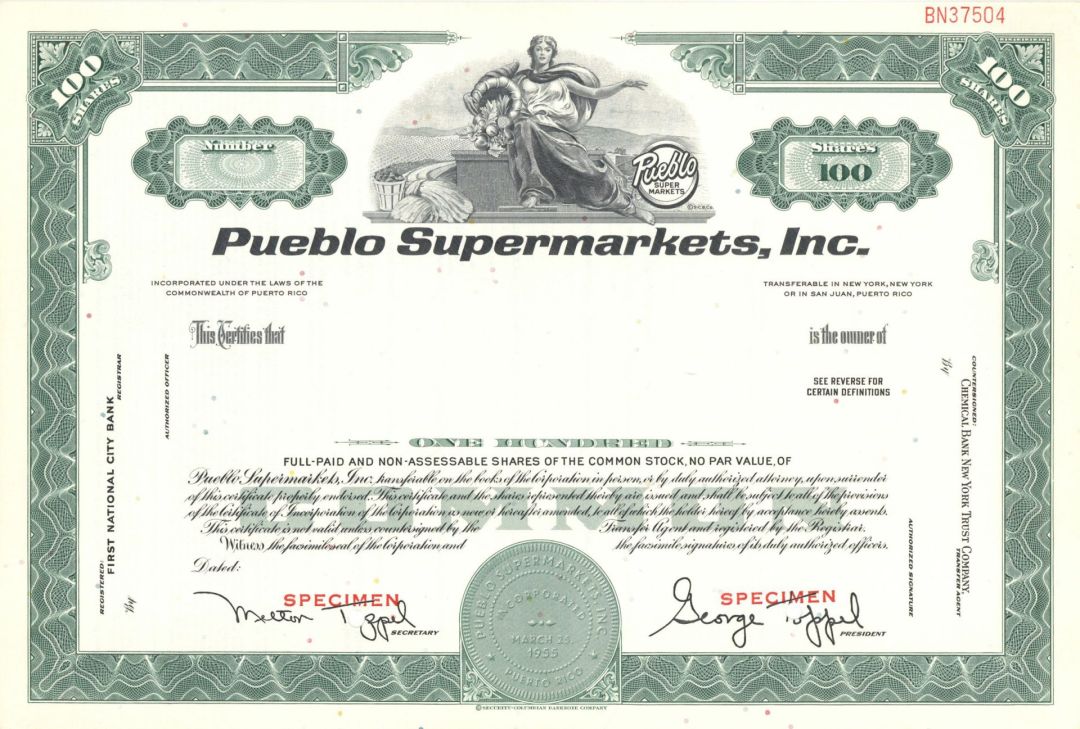 Pueblo Supermarkets, Inc. - 1955 dated Specimen Stock Certificate