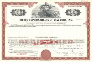 Pueblo Supermarkets of New York, Inc. - $1,000 1967 dated Specimen Bond