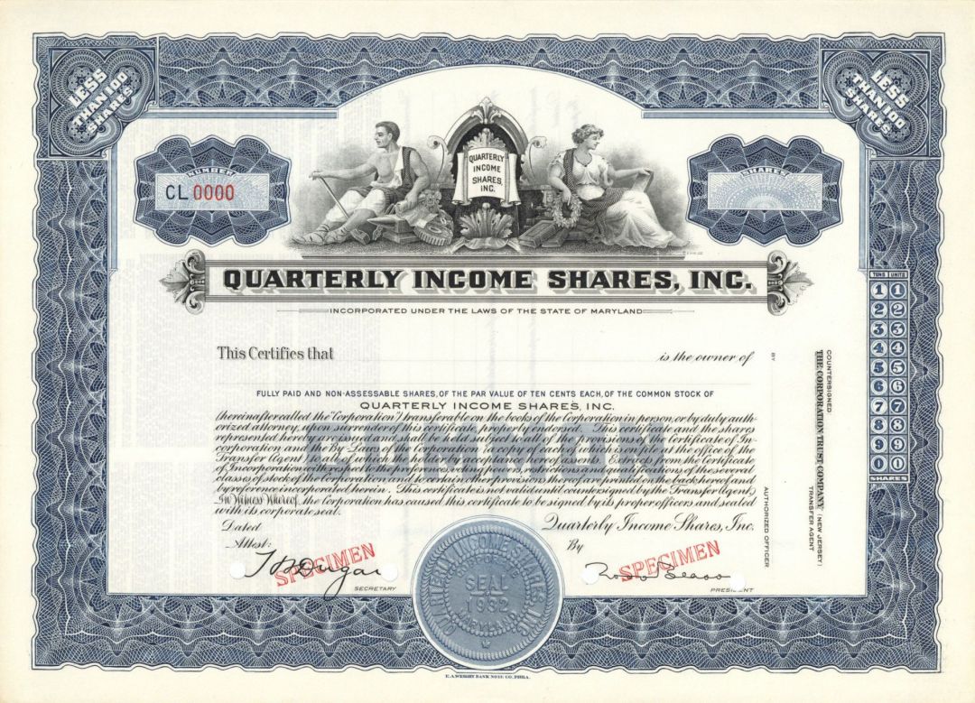 Quarterly Income Shares, Inc. - 1932 dated Specimen Stock Certificate