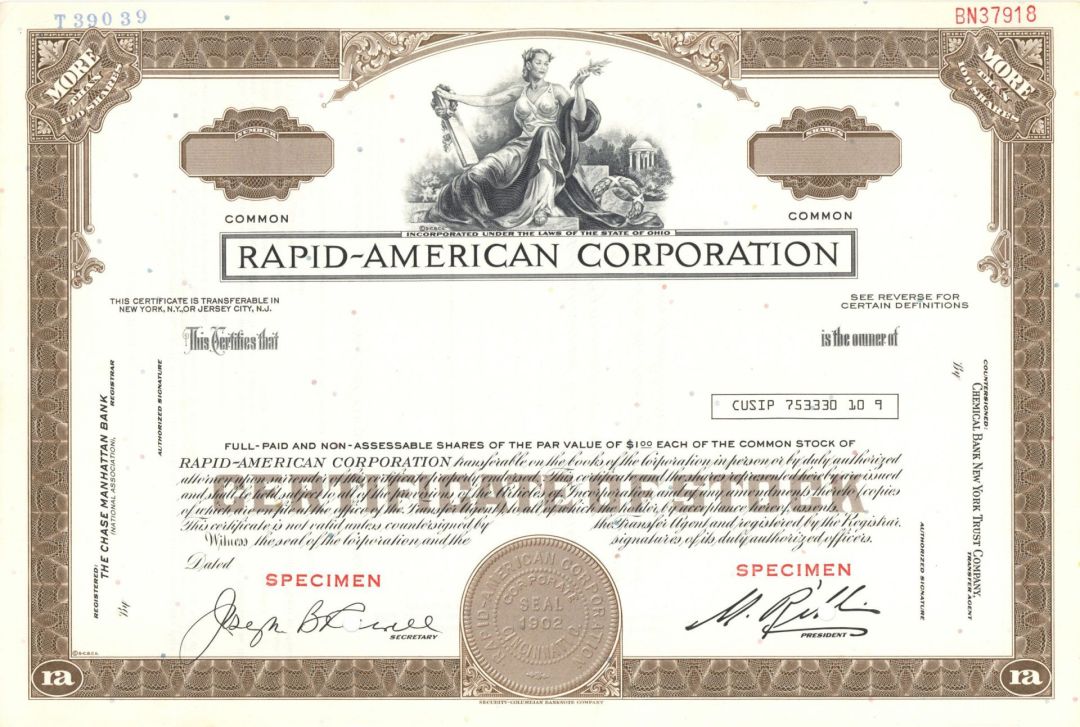 Rapid-American Corp. - 1902 dated Specimen Stock Certificate