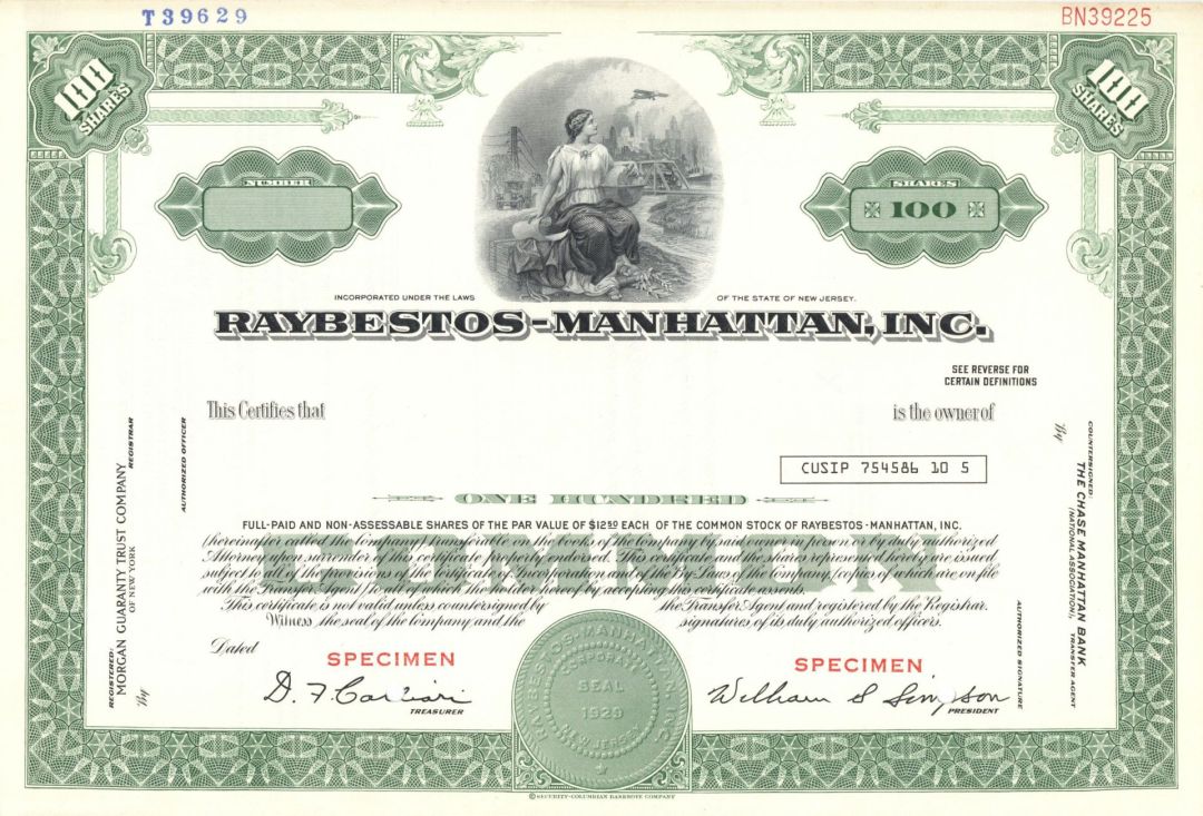 Raybestos-Manhattan, Inc. - 1929 dated Specimen Stock Certificate