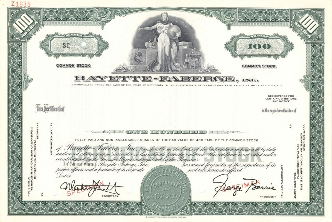 Rayette-Faberge, Inc. - Specimen Stock Certificate