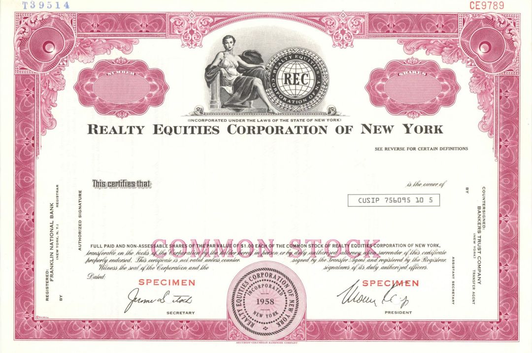 Realty Equities Corporation of New York - 1958 dated Specimen Stock Certificate