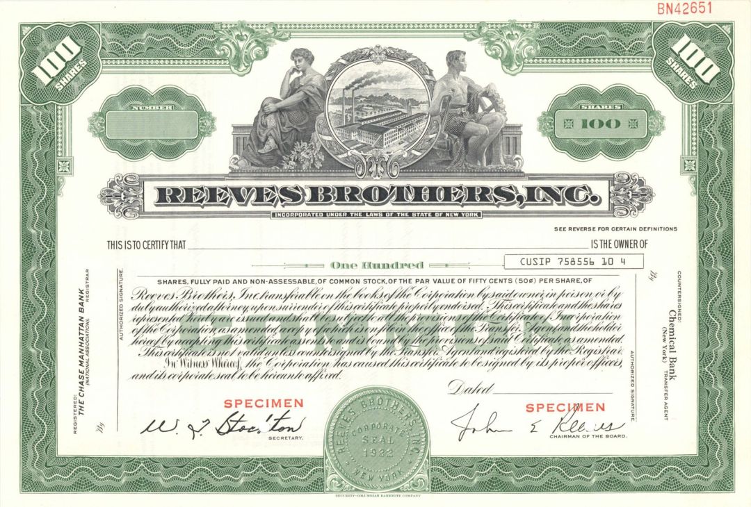 Reeves Brothers, Inc. - 1922 dated Specimen Stock Certificate
