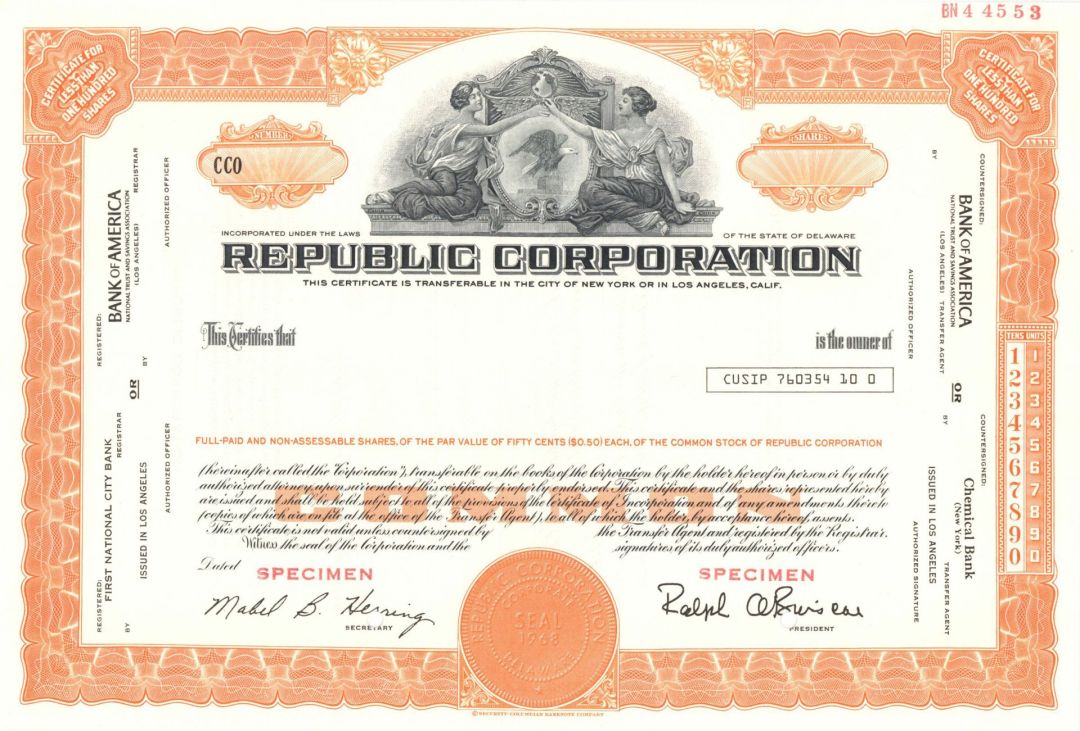 Republic Corp. - 1968 dated Specimen Stock Certificate