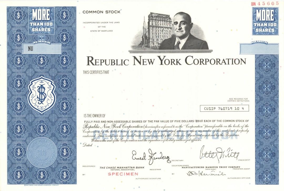 Republic New York Corp. - 1973 dated Specimen Stock Certificate
