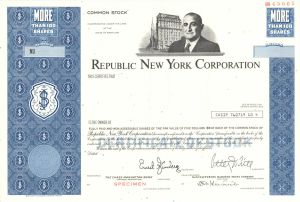 Republic New York Corporation - Vignette of Edmond J. Safra - Specimen Stock Certificate