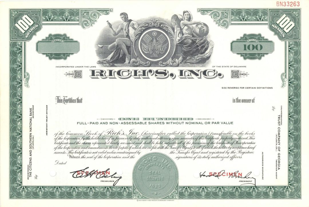 Rich's, Inc. - 1929 dated Specimen Stock Certificate