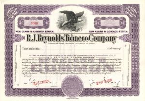 R.J. Reynolds Tobacco Co. - 1899 dated Specimen Stock Certificate