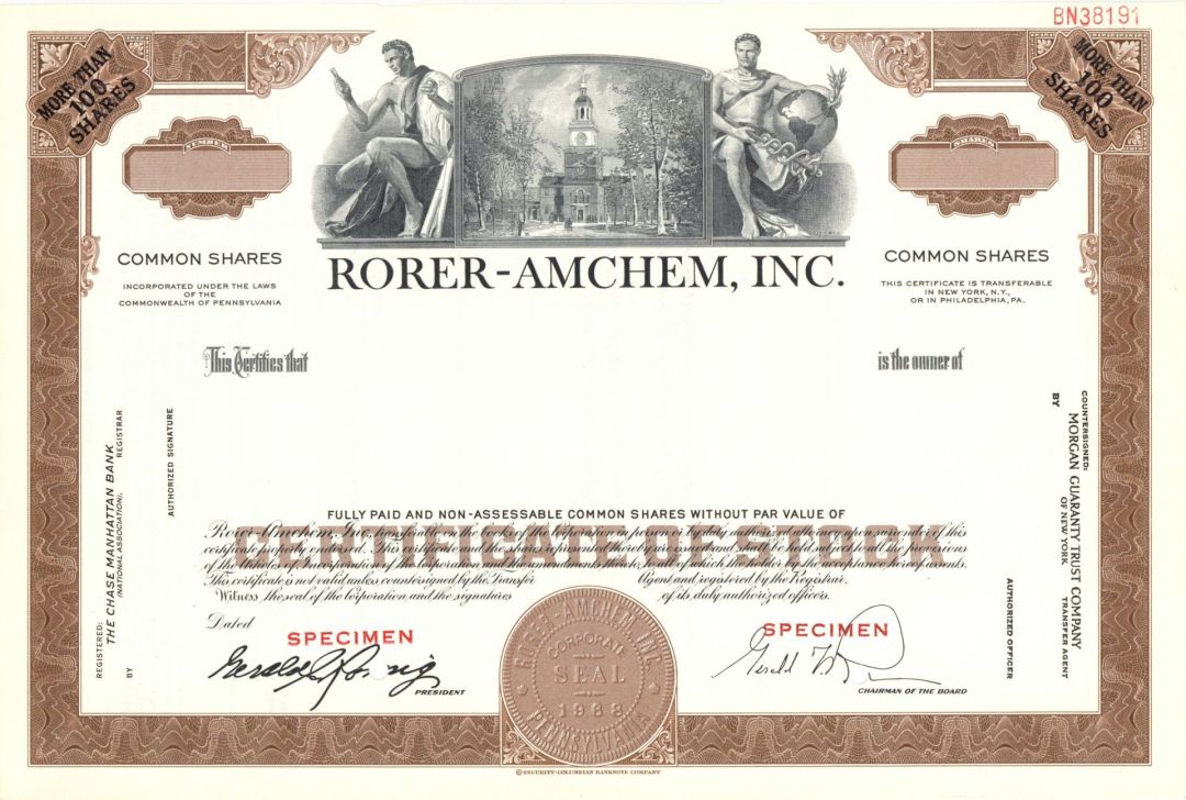 Rorer-Amchem, Inc. - 1988 dated Specimen Stock Certificate