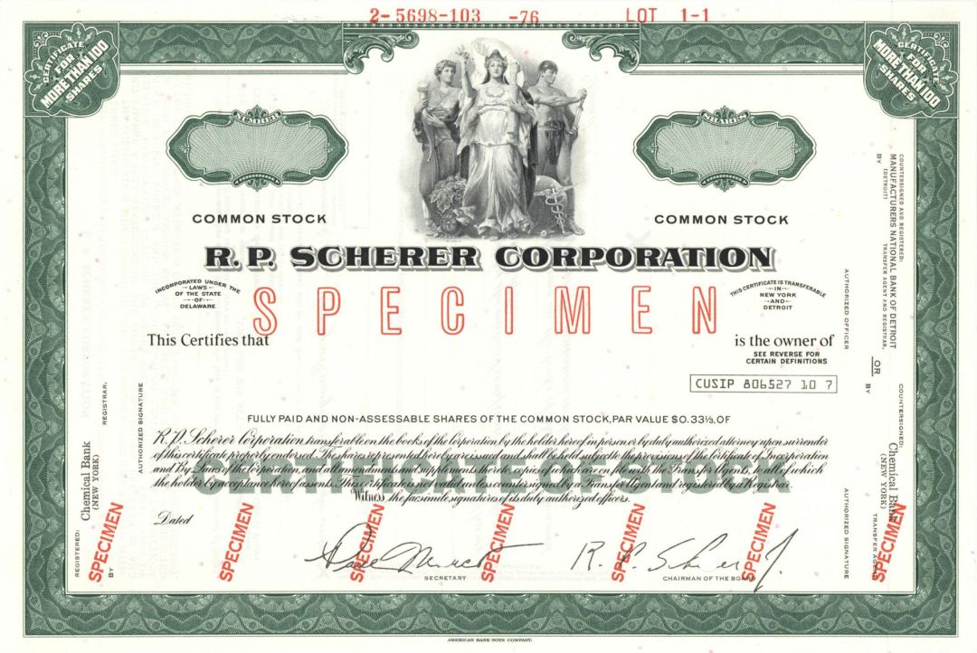 R.P. Scherer Corp. -  Specimen Stock Certificate
