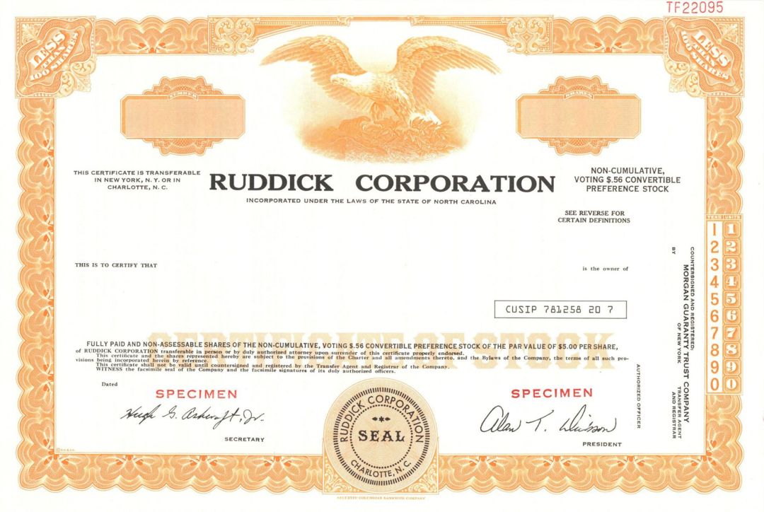 Ruddick Corp. -  Specimen Stock Certificate