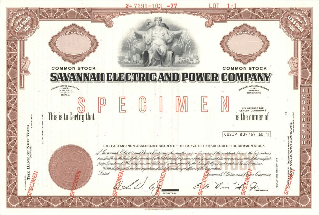Savannah Electric and Power Co. -  1921 dated Specimen Stock Certificate