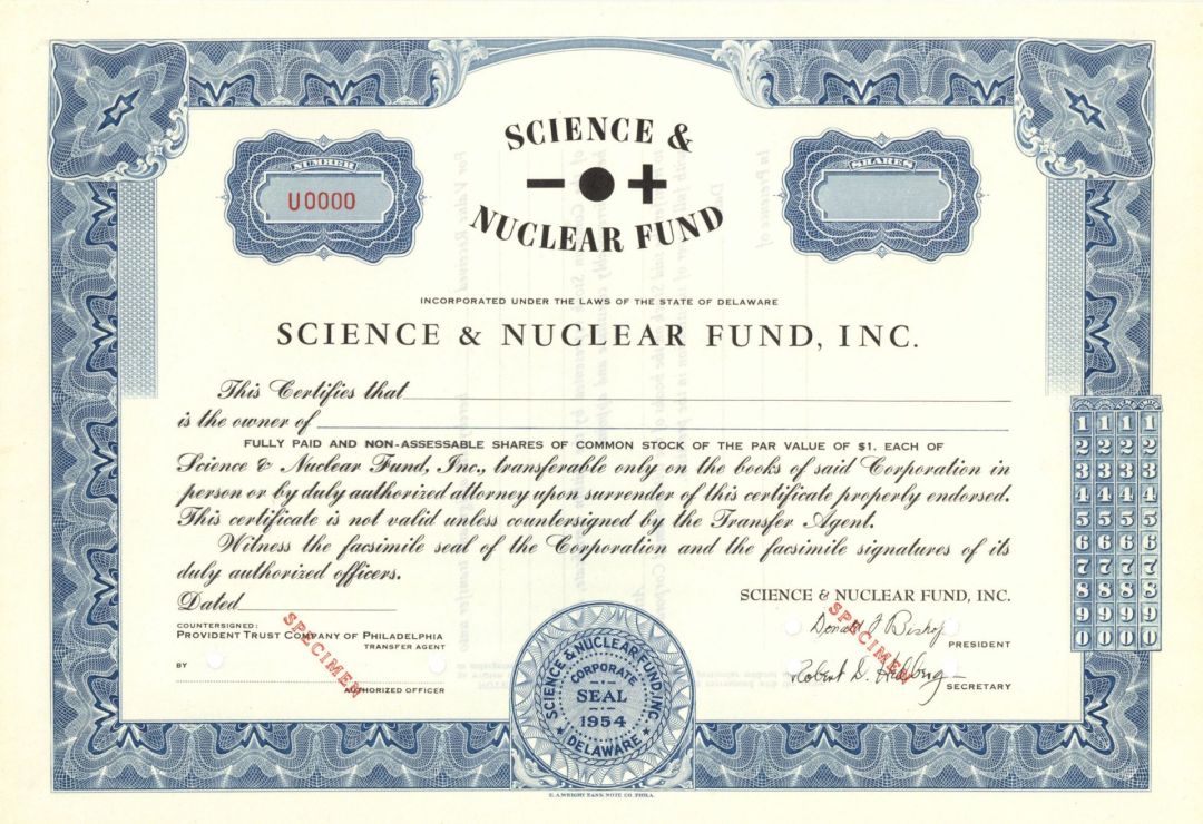 Science and Nuclear Fund, Inc. -  1954 dated Specimen Stock Certificate