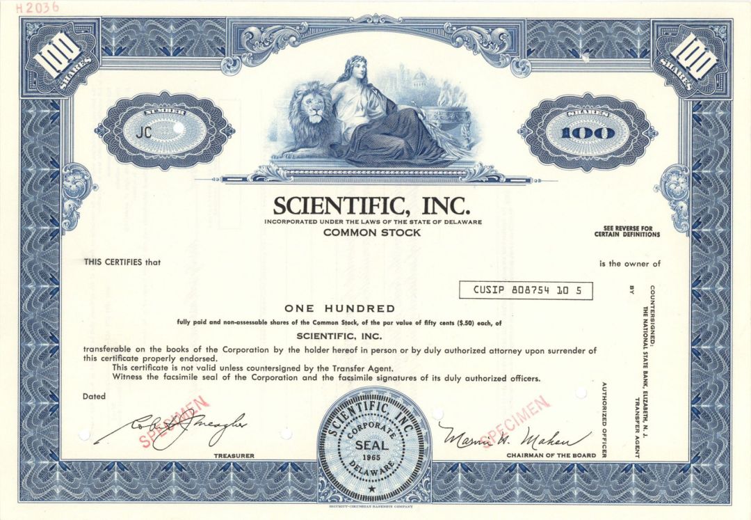 Scientific, Inc. -  1965 dated Specimen Stock Certificate