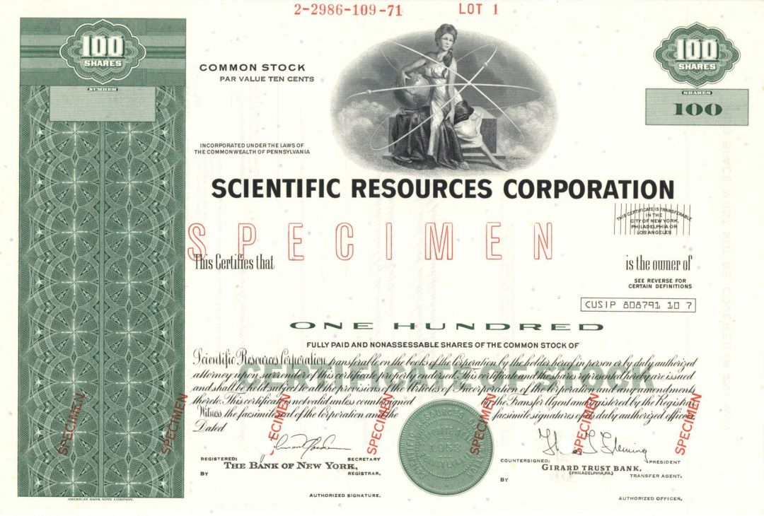 Scientific Resources Corp. -  1953 dated Specimen Stock Certificate