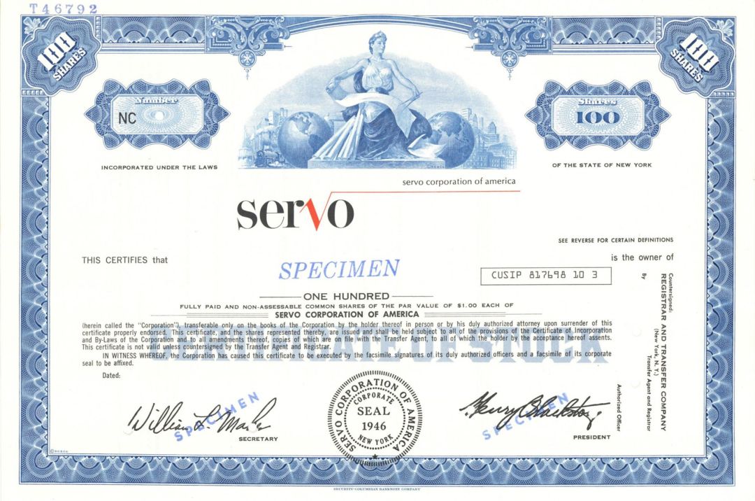 Servo -  1946 dated Specimen Stock Certificate