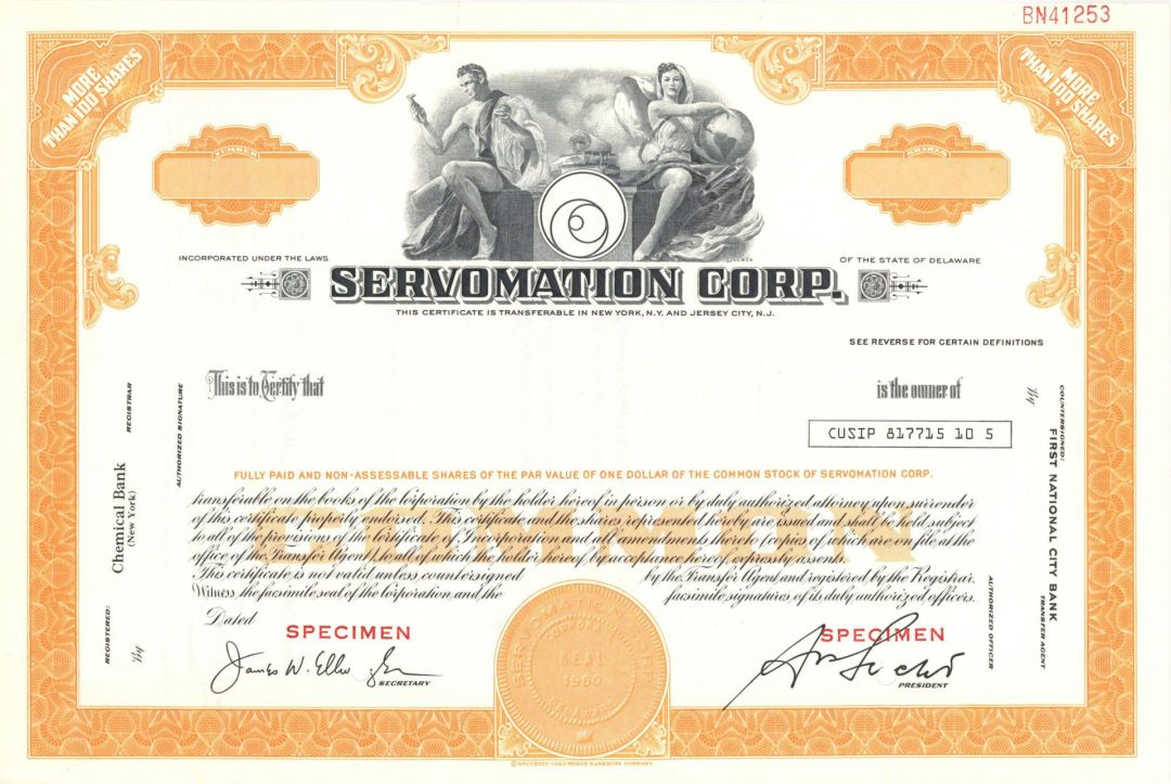 Servomation Corp. -  1960 dated Specimen Stock Certificate
