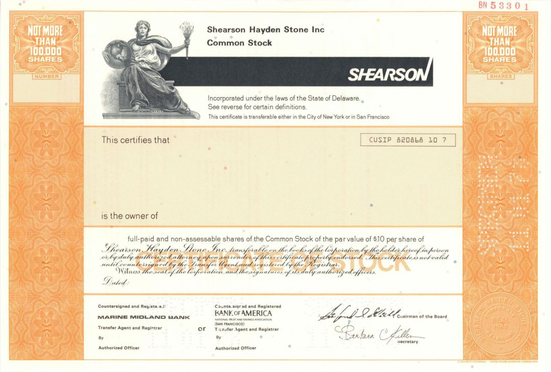 Shearson Hayden Stone Inc. -  1978 dated Specimen Stock Certificate