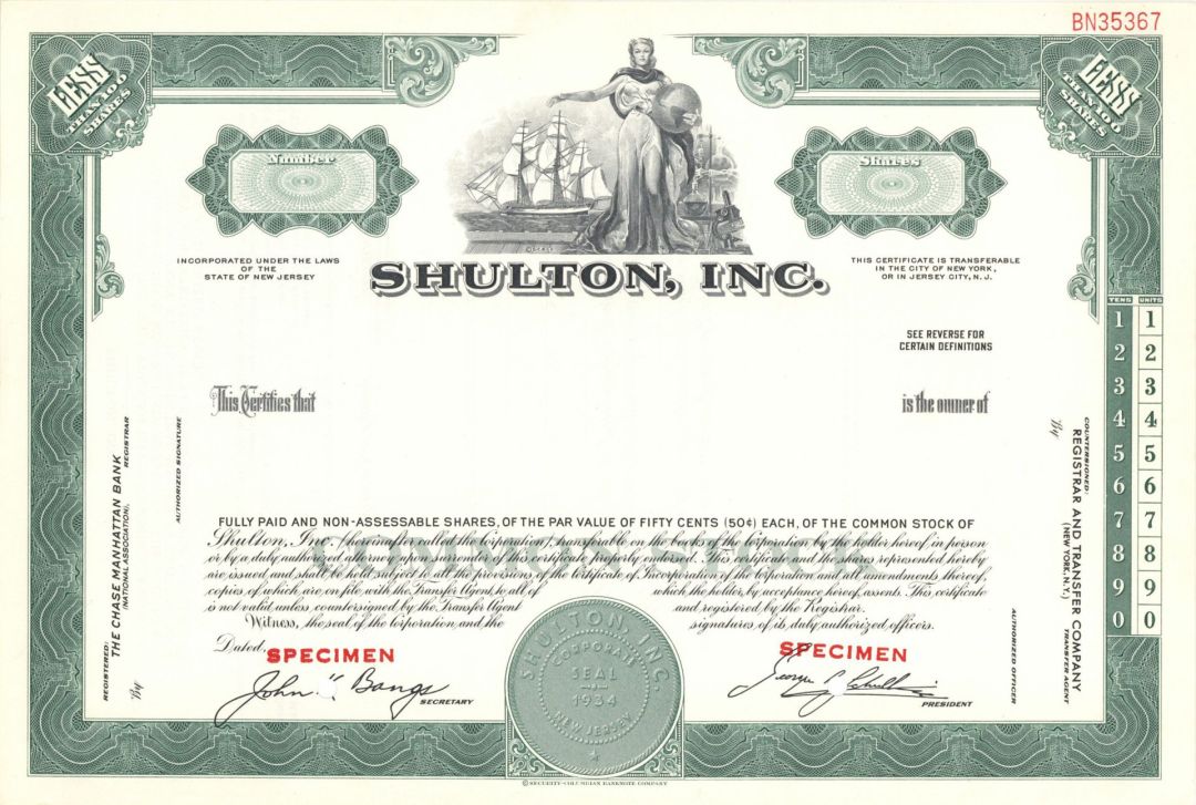 Shulton, Inc. -  1934 dated Specimen Stock Certificate