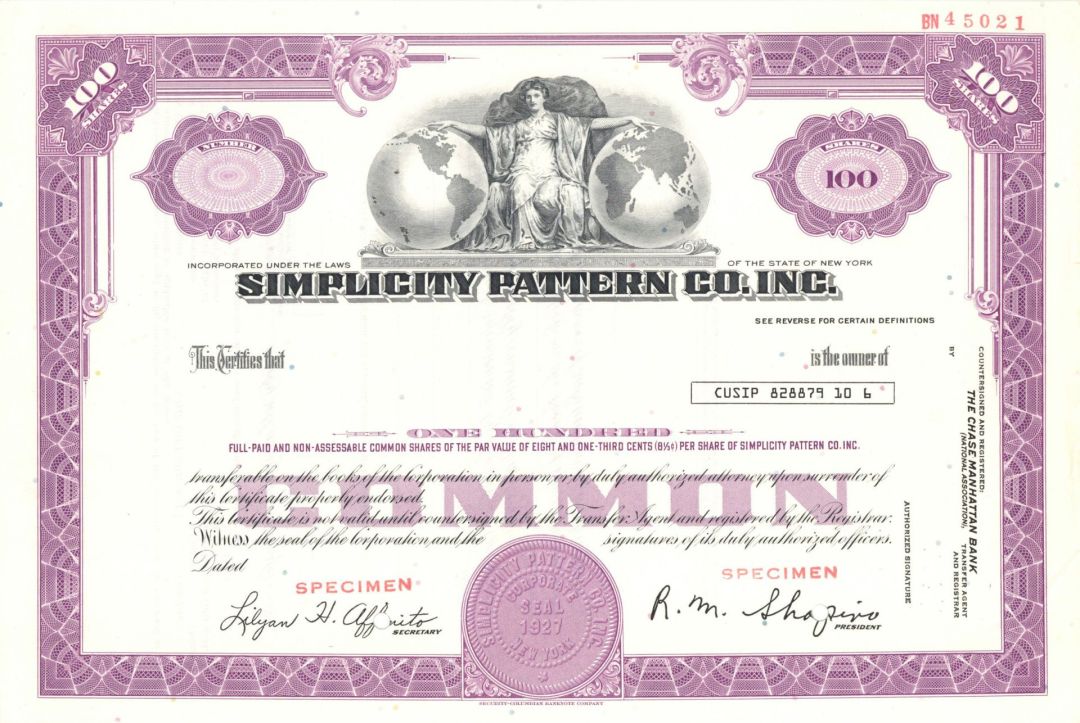 Simplicity Pattern Co., Inc. -  1927 dated Specimen Stock Certificate
