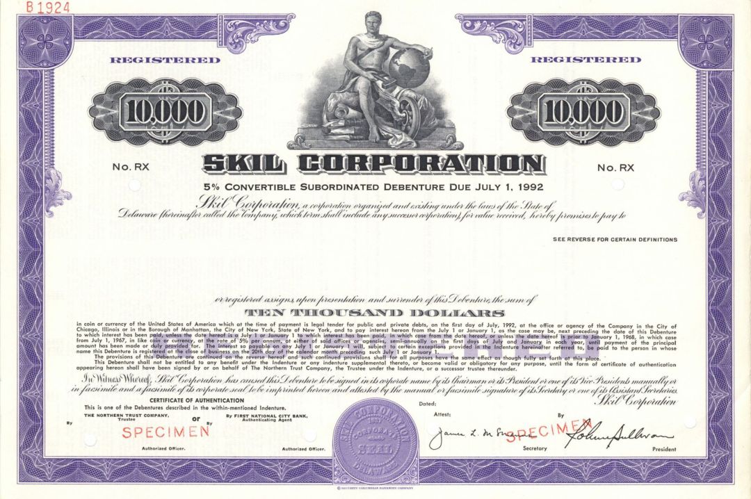 Skil Corporation - $10,000 1937 dated Specimen Bond