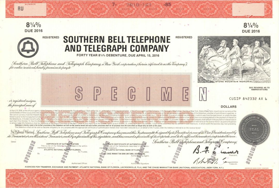 Southern Bell Telephone and Telegraph Co. - Specimen Bond