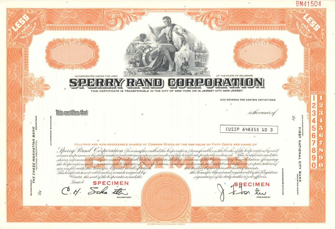 Sperry Rand Corp. -  1955 dated Specimen Stock Certificate